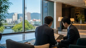 地方都市のホテルロビーで事業譲渡資料を確認するホテルM&Aの打ち合わせ