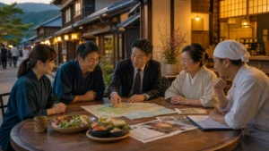 観光地の街並みで旅館民宿と飲食連携の地図を囲む地域事業者