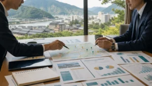 観光地の地図と事業資料を使って買い手候補を検討する打ち合わせ