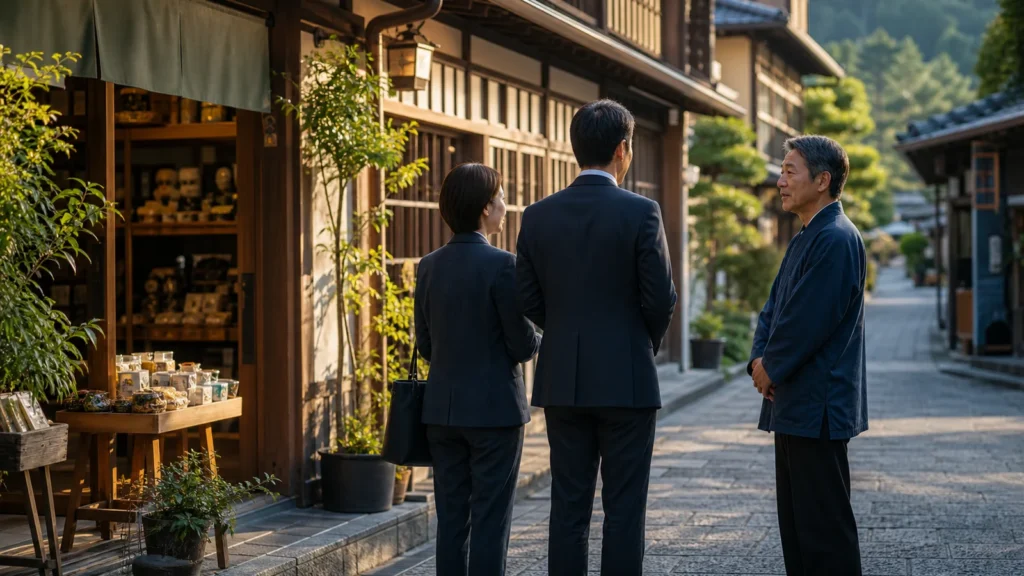 観光地の通りで地域事業者と匿名相談の進め方を確認する様子