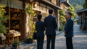 観光地の通りで地域事業者と匿名相談の進め方を確認する様子