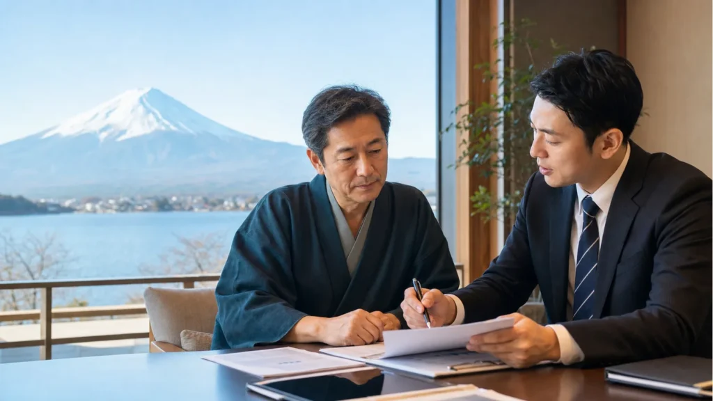 富士河口湖の旅館で旅館M&Aの承継相談をする経営者と専門家