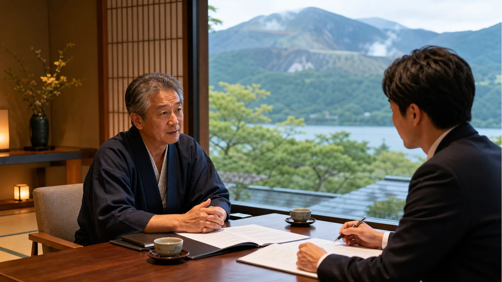 箱根の温泉旅館で旅館M&Aの承継相談をする経営者と専門家
