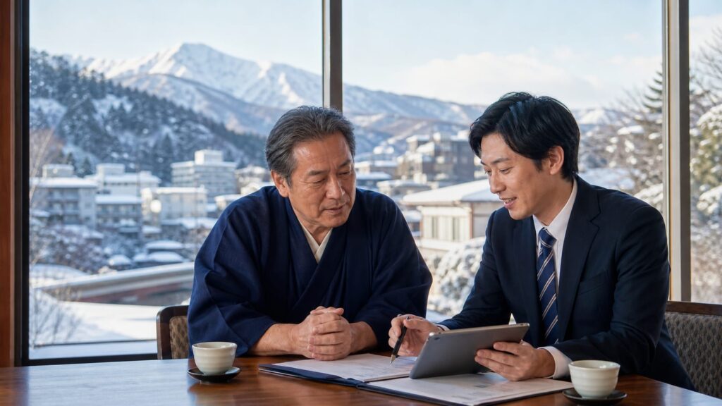 北海道の温泉地で観光事業の承継について相談する旅館経営者と専門家