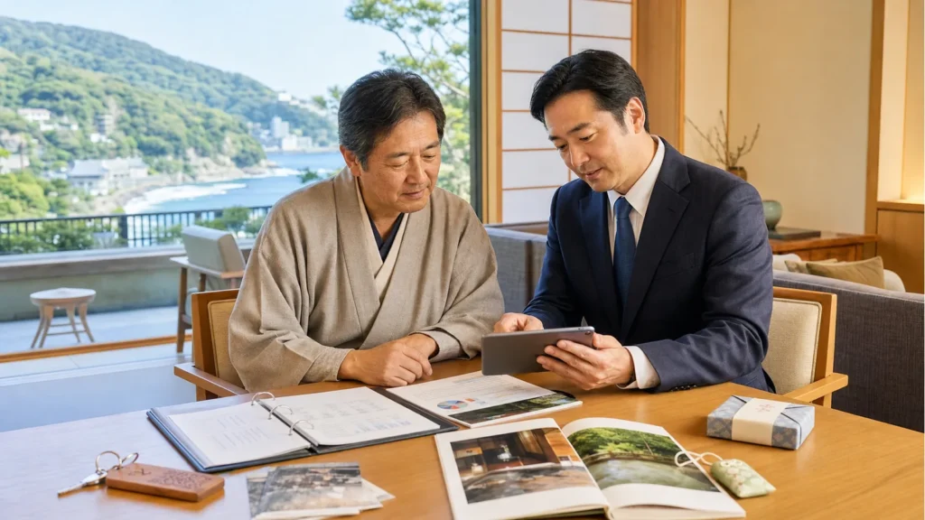 伊豆の温泉旅館M&Aで承継相談をする経営者と専門家