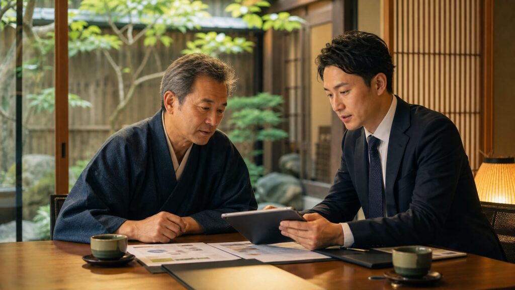 京都の町家で観光事業の承継について相談する旅館経営者と専門家