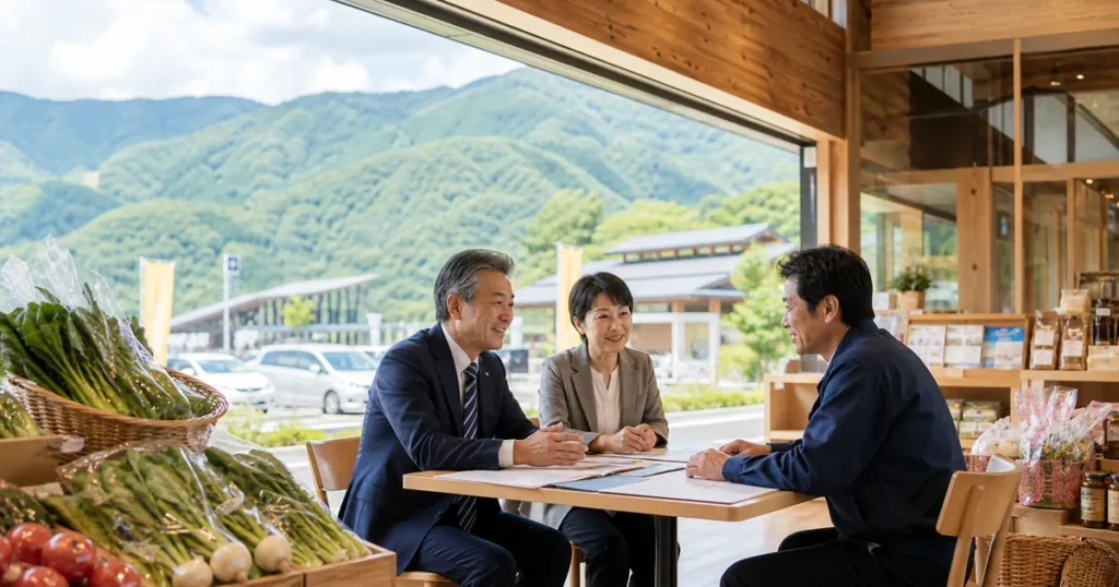 道の駅の地域商材売場で事業承継とM&Aの相談をする経営者と専門家