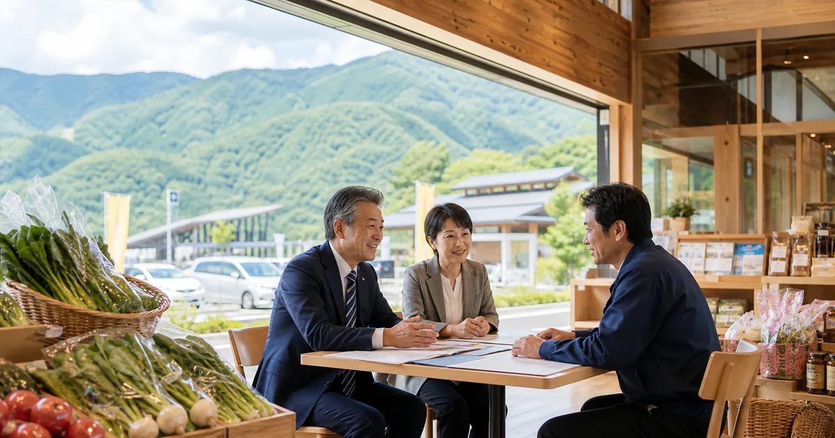 道の駅の地域商材売場で事業承継とM&Aの相談をする経営者と専門家