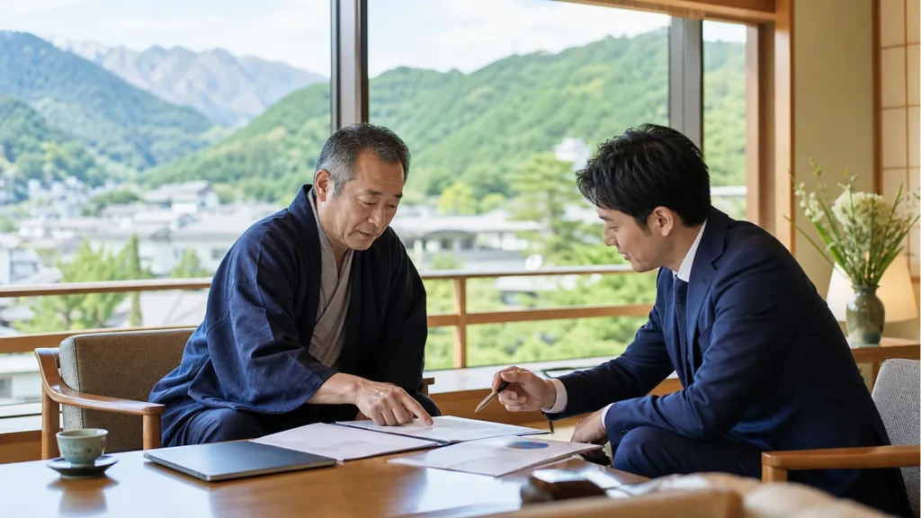 長野県の温泉旅館で観光事業M&Aの承継相談をする経営者と専門家