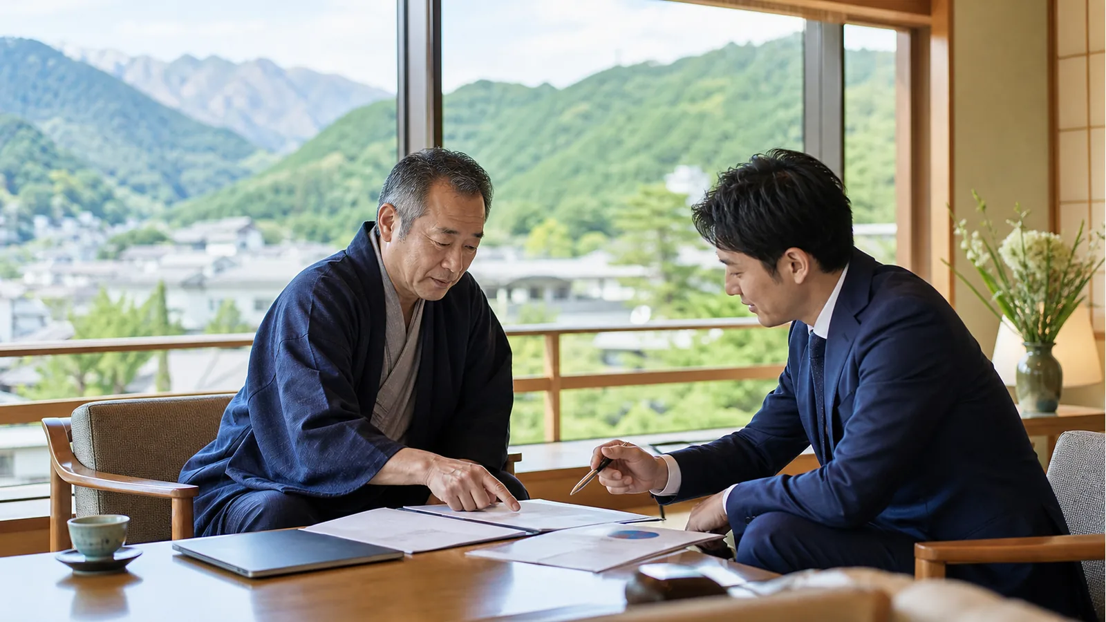 長野県の温泉旅館で観光事業M&Aの承継相談をする経営者と専門家