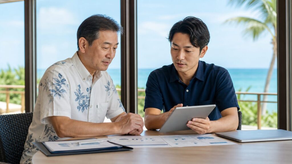 沖縄の海を背景に観光事業の承継について相談する経営者と専門家