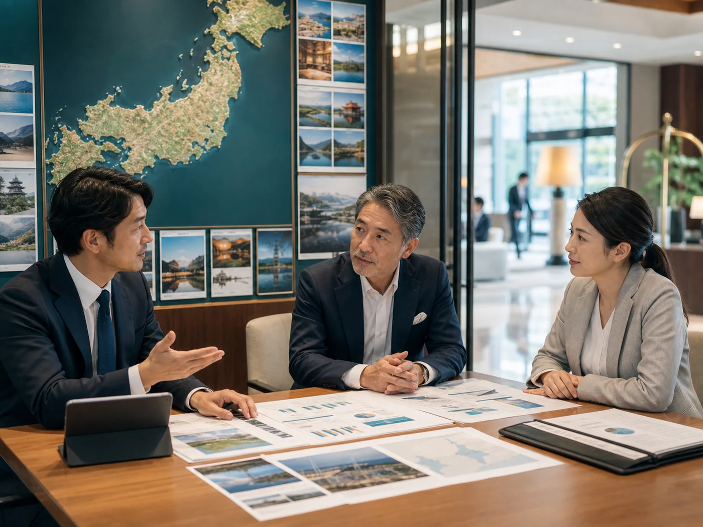 地域観光の買収検討で資料を確認する企業担当者と専門担当者