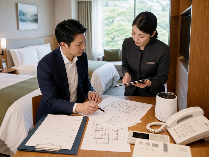 ホテル客室の設備と図面を確認する担当者