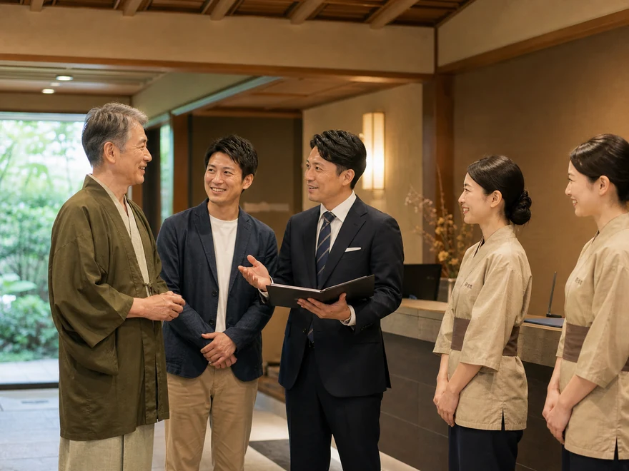 旅館の承継について従業員と話す経営者とアドバイザー