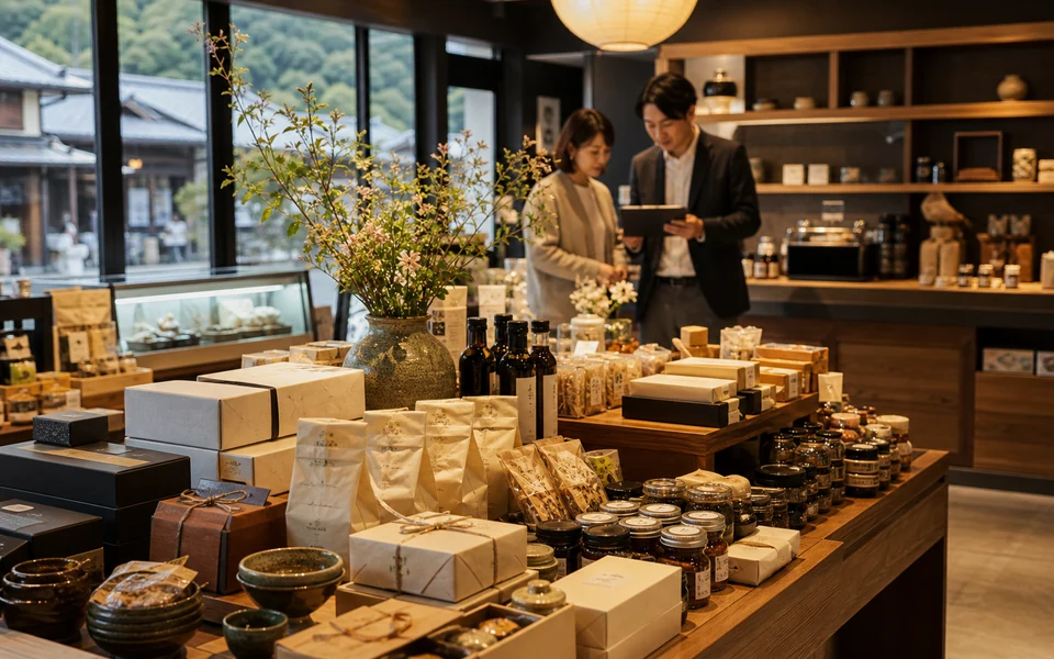地域商材と土産品が並ぶ観光店舗