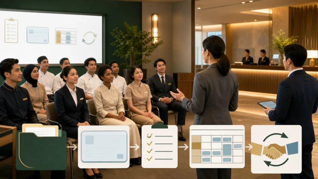 宿泊施設のロビーで研修を受ける人々と書類・在留カード・勤務表の模式図（説明用イメージ）