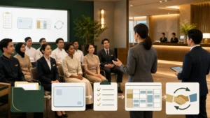 宿泊施設のロビーで研修を受ける人々と書類・在留カード・勤務表の模式図（説明用イメージ）
