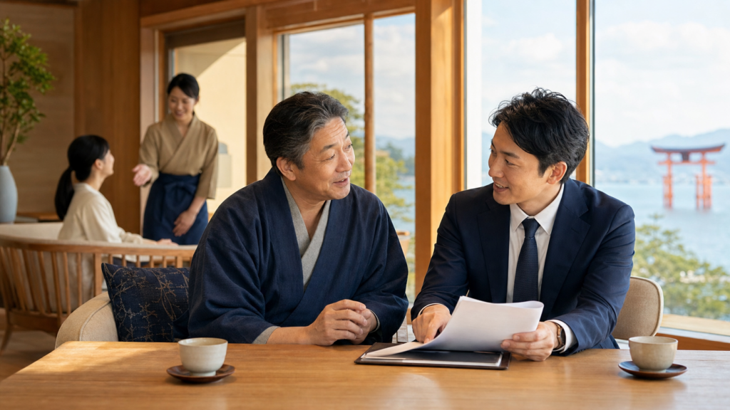 広島・宮島の観光M&Aで地域の宿泊事業承継を相談する経営者とアドバイザー