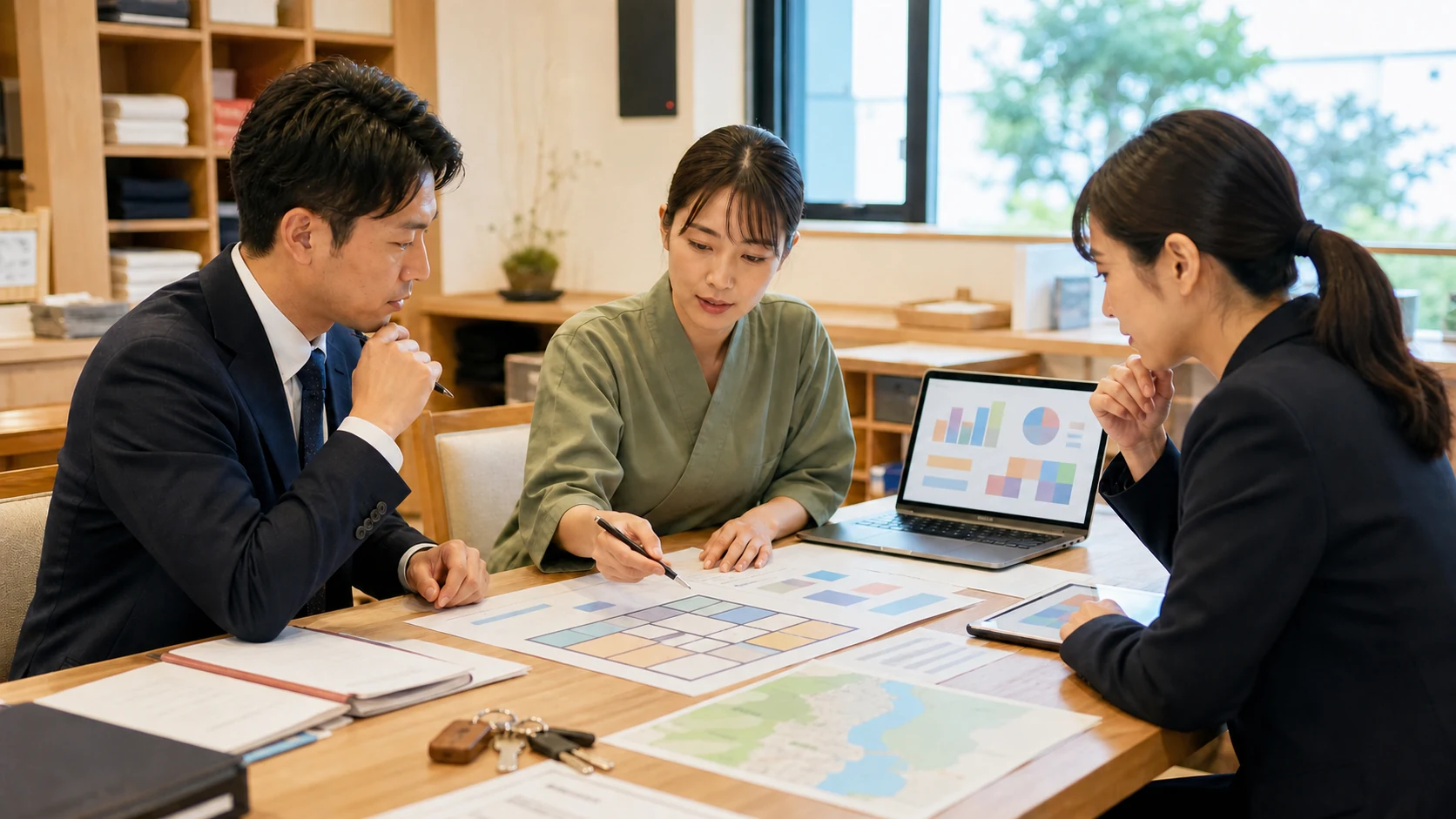 旅館の運営資料、予約、設備、地域関係を段階的に確認する観光事業M&Aの流れを表現したAI生成イメージ
